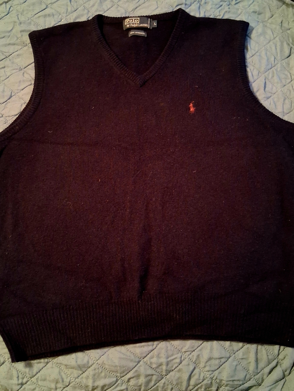 Polo Ralph Lauren Navy Blue Sz Large vintage 100% lambswool V-neck sweater vest